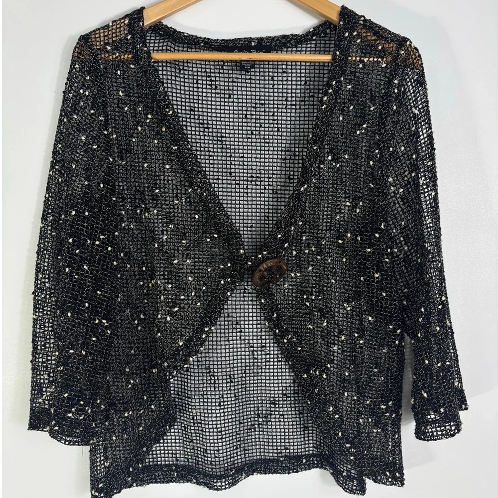 Sheer Open Knit Speckled Cardigan M Wood Button Layering Coastal Boho Resortwear